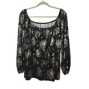 Cato Velvet Dark Floral Blouse XL Black‎ Babydoll Balloon Sleeve Peasant Fairy